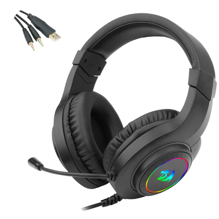 REDRAGON Over-Ear HYLAS Aux (Mic & Headset)|USB (Power Only) RGB Gaming Headset – Black